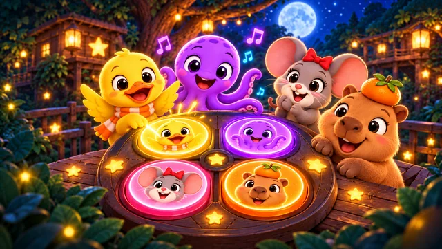 Patito, Luni, Mimi y Capi juegan con luces de colores